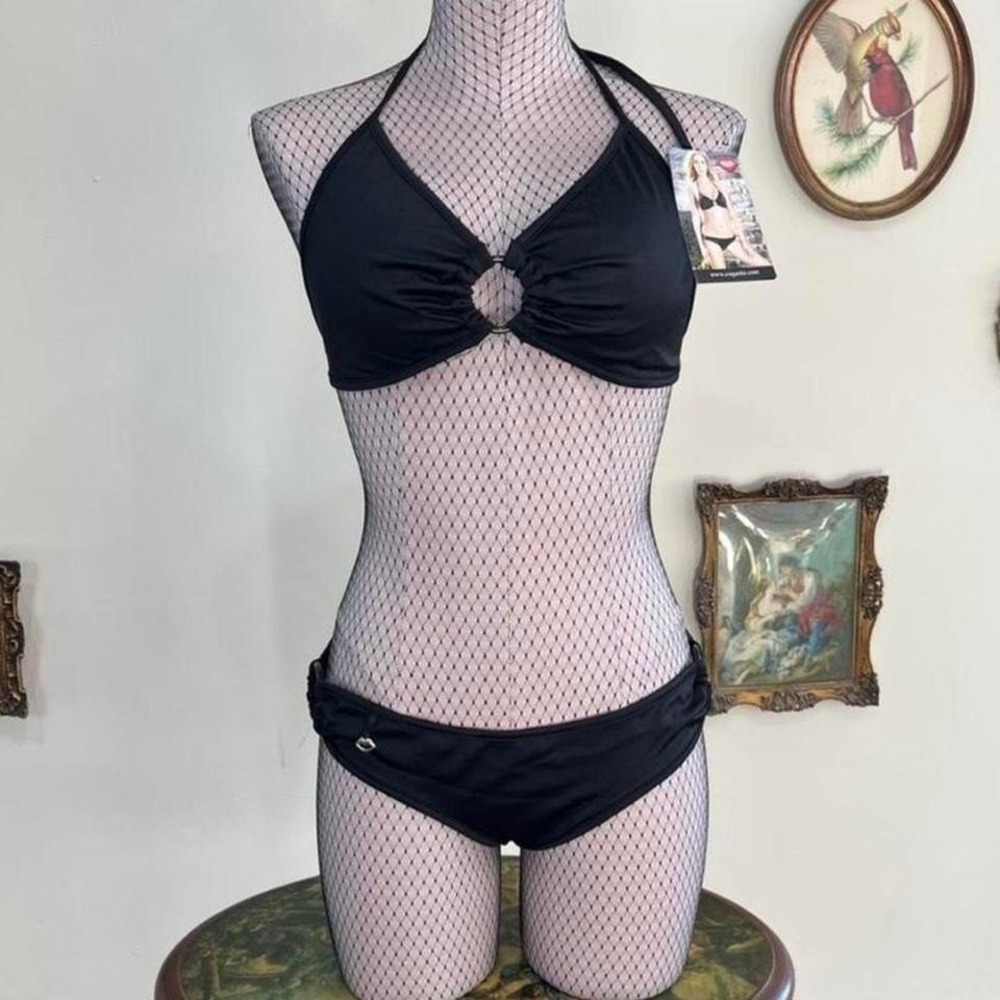 Vintage Y2K Coquette Black Microfibre Bikini Set‎ w/ Ring Details – Halter Top